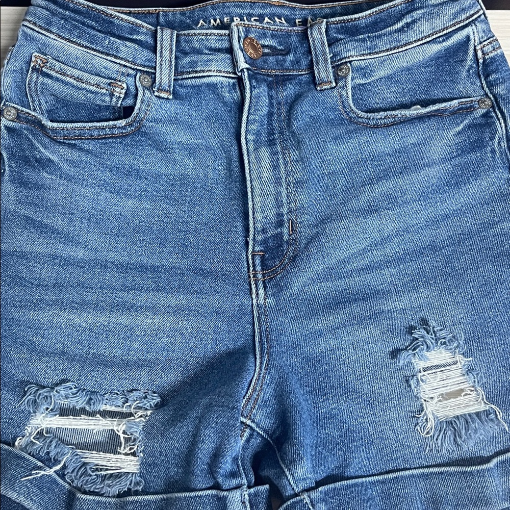 American Eagle Outfitters Distressed High-Rise Rolled Hem Denim Shorts - Blue!!